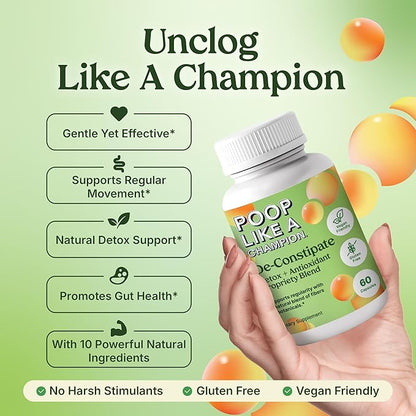 Poop Like a Champion Constipation Relief Capsules - Acai, Psyllium Husk, Ginger Root, Chlorella, Prebiotic Blend, 60 Capsules, Supports Bowel Movement, Promotes Gut Health Supplement