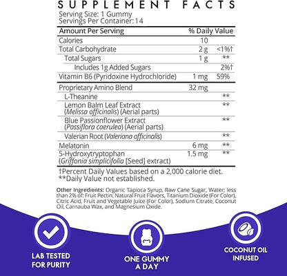 Sugarbear Sleep Gummy 14 Day Supply, Extra Strength Melatonin 6mg, for Men & Women, Vegan Vitamin B6, L-Theanine, 5 HTP, Valerian, Sleep Aid for Adults & Teens, Certified Kosher, Halal, Cruelty-Free