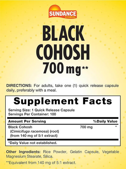 Sundance Black Cohosh 700mg | 100 Quick Release Capsules | Traditional Herb | Non-GMO and Gluten Free Supplement