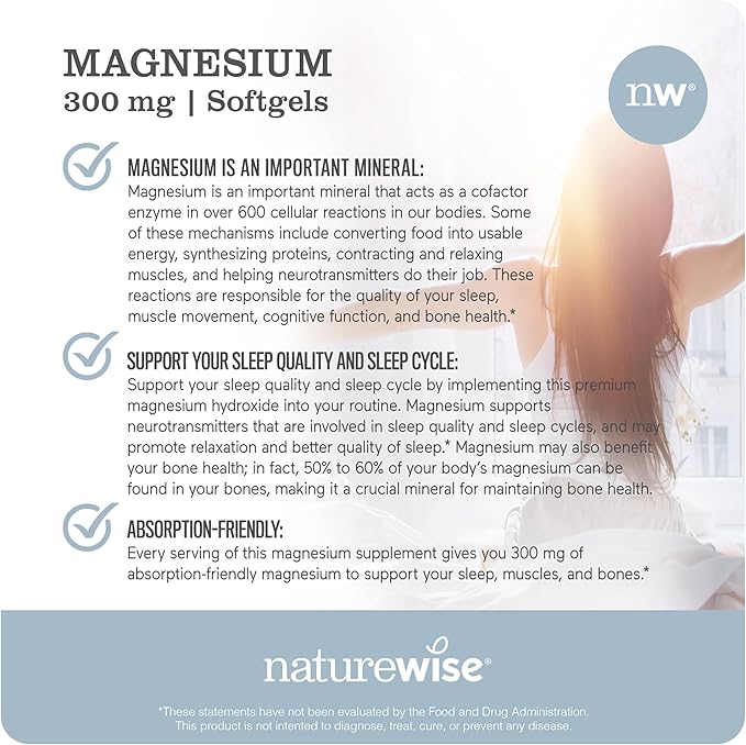 NatureWise High Absorption Marine Magnesium Supplement 300mg - Naturally Sourced, Clinically Tested Magnesium from Seawater - Non-GMO, USA Manufactured - 90 Softgels[1-Month Supply]