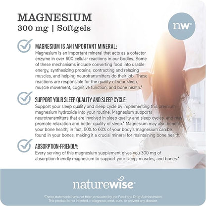 NatureWise High Absorption Marine Magnesium Supplement 300mg - Naturally Sourced, Clinically Tested Magnesium from Seawater - Non-GMO, USA Manufactured - 90 Softgels[1-Month Supply]