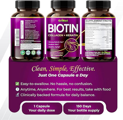 GriMed BIOTIN with Collagen + Keratin 7,275mg Strong Nails & Hair, Radiant Skin, Healthy Aging- USA Made & Tested (150 Count (Pack of 1))