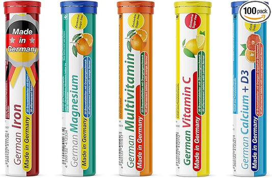 T&D German Vitamin, Minerals - 100 Vegan/Vegetarian Drink Effervescent Tablets - Mixed Fruit Flavor Box - Made in Germany