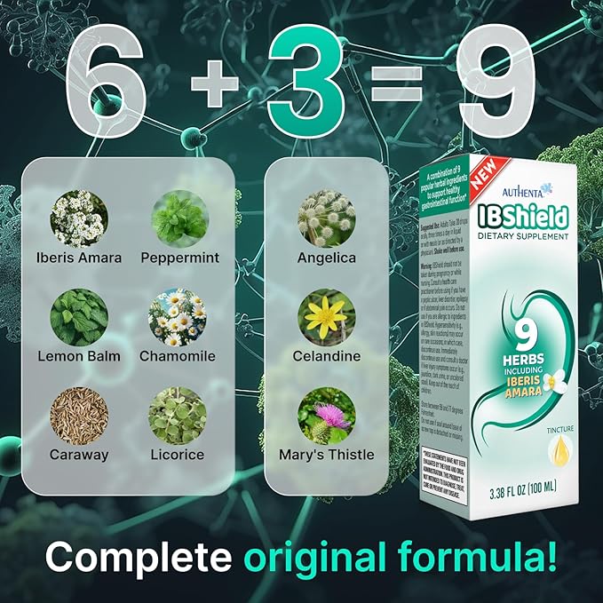 IBShield Tincture 100ml | 6+3=9 Herbs | Iberis Amara, Peppermint, Chamomile, Lemon Balm, Caraway, Licorice, Angelica, Celandine & Mary's Thistle | Original Herbal Formula Supports Digestive Wellness