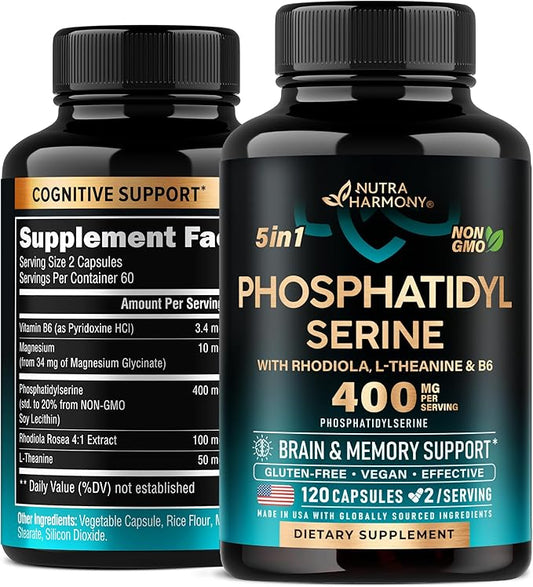 Phosphatidylserine 400 mg with L-Theanine, Magnesium & Vitamin B6, Rhodiola Rosea - Brain, Memory & Focus Support - Certified NON-GMO, Naturally Derived & Bioavailable - Made in USA - 120 Сapsules