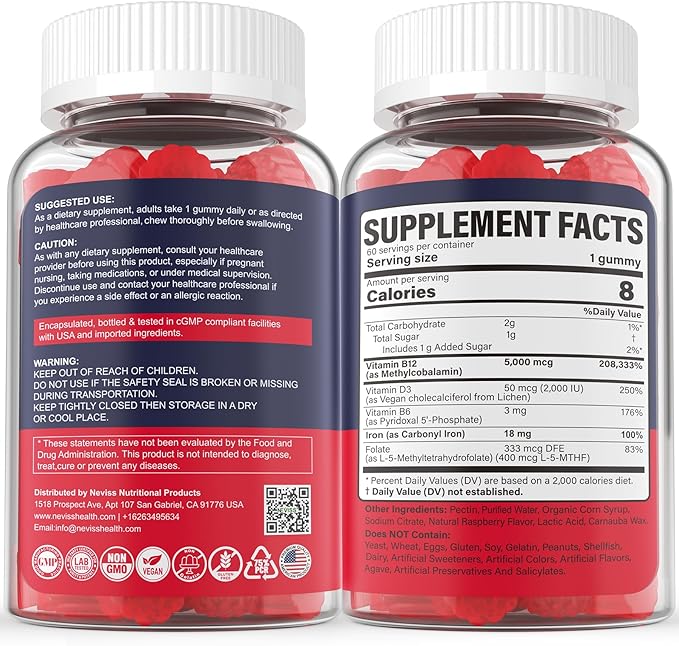 Iron 18mg + B12 Vitamins 5000 mcg Gummies for Adults Women & Men - w/Ultra Strength Active Methyl B-12, L-MethylFolate & B6 (P5P) - Carbonyl Iron Supplement Gummy for Energy, Immune & Focus,120Cts