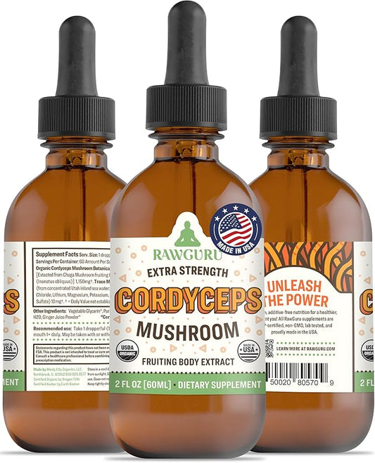 RawGuru Cordyceps Mushroom Supplement - Vegan Cordyceps Extract with Trace Minerals - Nano-Processed Immunity Boost & Cognitive Supplement Tincture - 60 Servings of Vegan Drops per 60 ml, Pack of 1