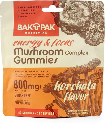 Mushroom Energy&Focus Sugar Free Gummies - Mushroom Supplement with Reishi, Cordyceps, Lion’s Mane, and Ginseng for Natural Energyand Mental Clarity - Natural Horchata Flavor, Gluten-Free, 60 Gummies