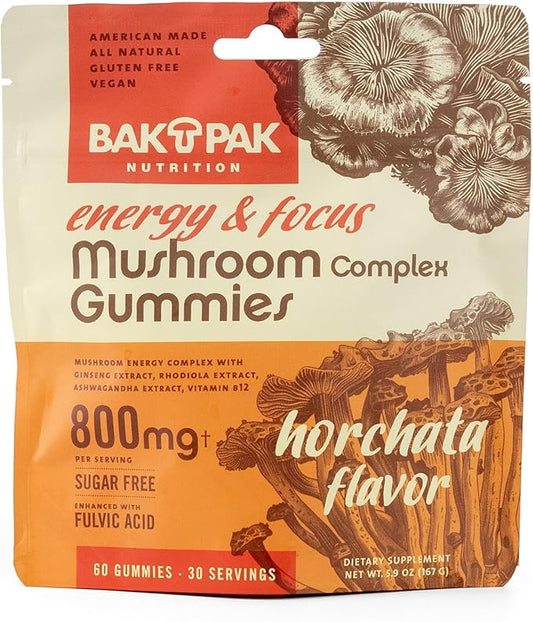 Mushroom Energy&Focus Sugar Free Gummies - Mushroom Supplement with Reishi, Cordyceps, Lion’s Mane, and Ginseng for Natural Energyand Mental Clarity - Natural Horchata Flavor, Gluten-Free, 60 Gummies