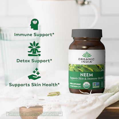 ORGANIC INDIA Neem Leaf Capsules, Herbal Supplement - Supports Skin, Immune, & Liver Health, Detox, Vegan, Gluten-Free, USDA Certified Organic - 90 Capsules (2-Pack)