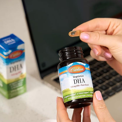 Carlson - Vegetarian DHA, 500 mg DHA, Plant Based, Sustainably Sourced from Algae, Brain Support, Mood Health, 30 Softgels