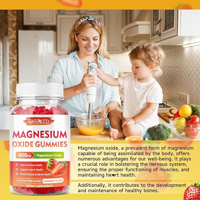 Magnesium Oxide Gummies 400mg, Chewable Magnesium Oxide Supplement for Adults & Kids, Nerve & Muscle Support, Non-GMO, Sugar-Free, Strawberry Flavor, 60 Count
