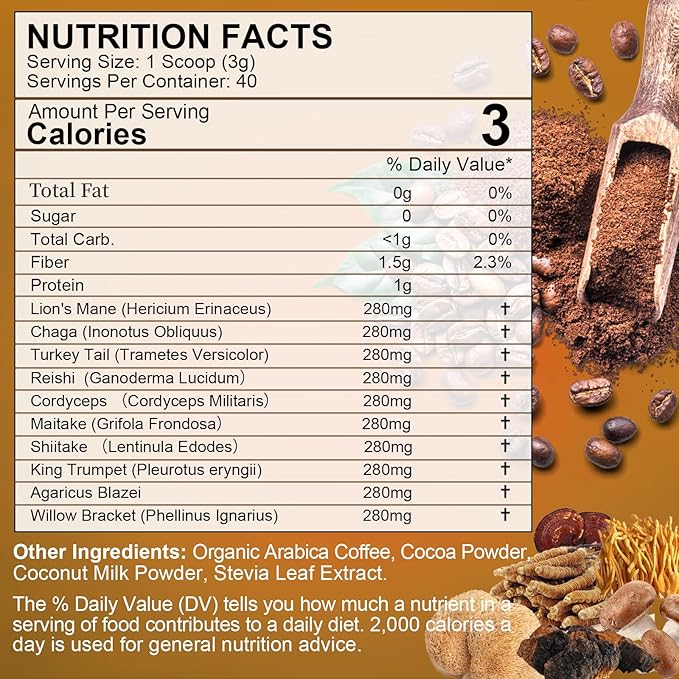 Mushroom Coffee - Lions Mane Mushroom Powder Instant Coffee with Lion's Mane, Reishi, Chaga, Cordyceps, and Turkey Tail - Mushroom Coffee Alternative for Energy,Focus, Brain Booster - Chocolate