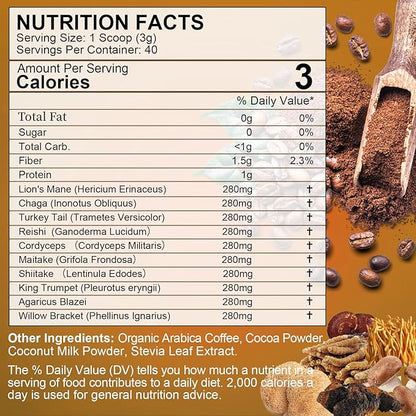 Mushroom Coffee - Lions Mane Mushroom Powder Instant Coffee with Lion's Mane, Reishi, Chaga, Cordyceps, and Turkey Tail - Mushroom Coffee Alternative for Energy,Focus, Brain Booster - Chocolate