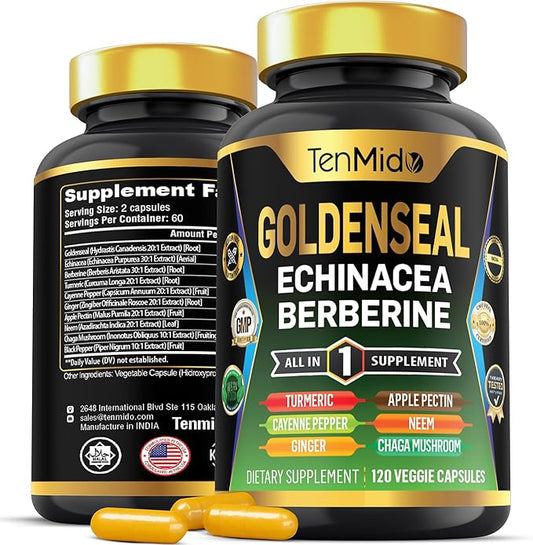 Goldenseal Root Supplement - 10in1 Formula - Combine with Echinacea, Berberine, Turmeric, Cayenne Pepper, Ginger, Apple Pectin, Neem, & More - Digestive Health Support - 120 Capsules