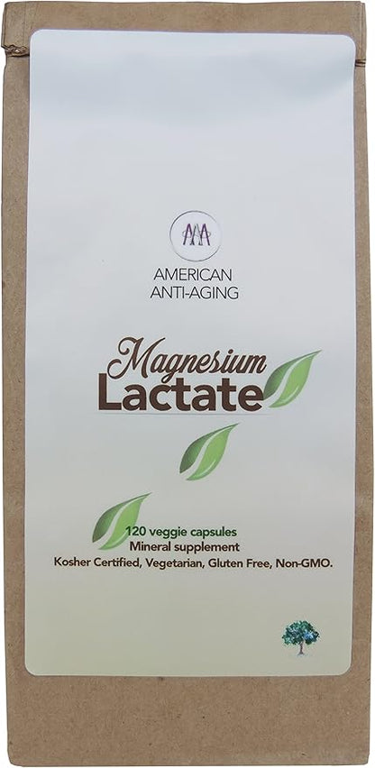 Magnesium Lactate 500 mg, 120 Easy to Swallow Small Vegetarian Capsules. Doctor formulated. High Absorption. Recycled Eco-Friendly Paper Bags for Original Purchases or Bottle Refills. Made in USA.