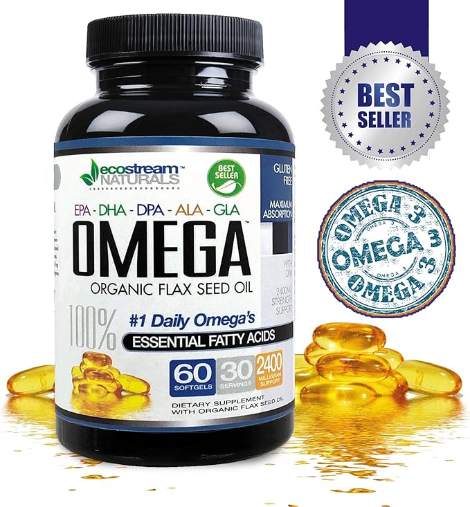 Omega 3-6-9 Blend with DPA, EPA, DHA, ALA and GLA and Organic Flax Seed Oil, Over 2,800 Milligram Strength - Gluten Free - Easy to Swallow - 60 SoftGels