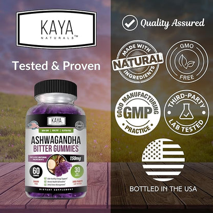 Kaya Naturals Ashwagandha Bitter Gummies - Natural Stress Relief, Boost Energy & Mental Clarity, Non-GMO, Gluten-Free, Chewable Gummies - 60 Count