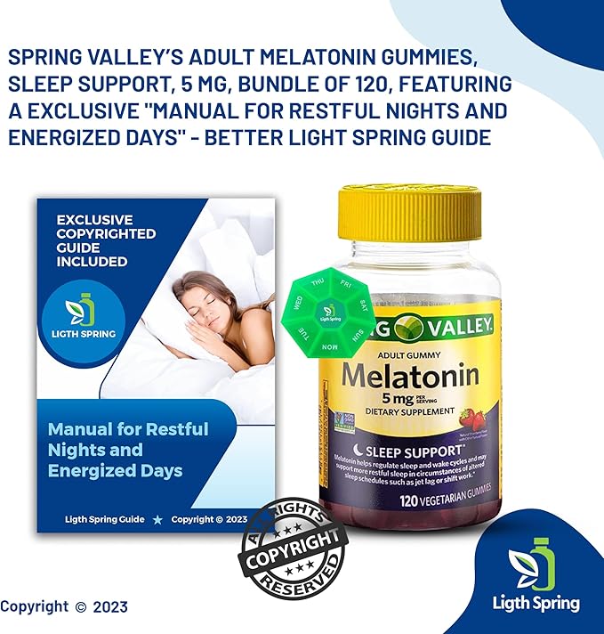 Melatonin 5Mg, 120 Gummies, Sleep Support (2 Pack) with Bundle Exclusive Better Ligth&Spring Guide + Weekly Pill Organizer (4 Items)