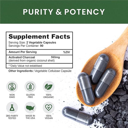 Coconut Activated Charcoal Capsules, 180 Charcoal Capsules, Teeth Whitening, Helps Constipation, Bloating, Stomach Gas, Heartburn, Pure Coconut Derived Supplement (2)