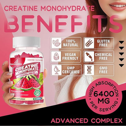 Creatine Monohydrate Gummies Complex for Men & Women -Advanced Formula W/L-Taurine + Vitamin B12, Sugar Free Chewable Supplement,90 Watermelon Gummies