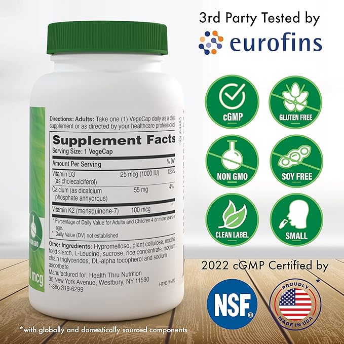 Health Thru Nutrition K2 + D3 Complex | K2 100mcg as MenaQ7 Menaquinone 7 MK7 & D3 1,000iu | 3rd Party Tested | Non-GMO (Pack of 60)