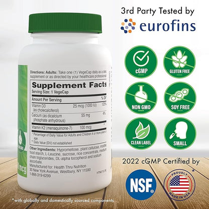 Health Thru Nutrition K2 + D3 Complex | K2 100mcg as MenaQ7 Menaquinone 7 MK7 & D3 1,000iu | 3rd Party Tested | Non-GMO (Pack of 60)