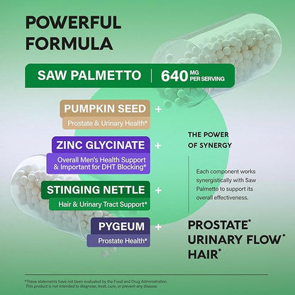 Saw Palmetto for Men 640mg - Pumpkin Seed | Nettle | Zinc & Pygeum - Prostate Health & Urinary Supplement - DHT Blocking & Hair Support - 45% Fatty Acids, Clinical Strength - Made in USA, 120 Capsules