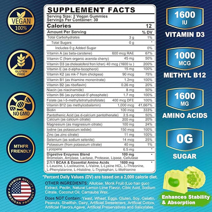 2 Pack Methylated Multivitamin for Men Gummies, BCAA Amino Acids, Zinc, Biotin, Vitamin A C E D3 K2 B Complex Calcium, Magnesium, Lycopene, Digestive Enzymes - Energy Muscle Immune - Sugar Free, Vegan