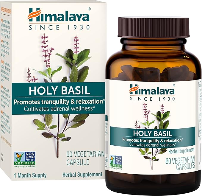 Himalaya Holy Basil Tulsi Herbal Supplement, Stress Relief, Relaxation, Occasional Sleeplessness, Promotes Calm, Energy Support, Ayurvedic, Non-GMO, Vegan, 720 mg, 60 Capsules, 30 Day Supply