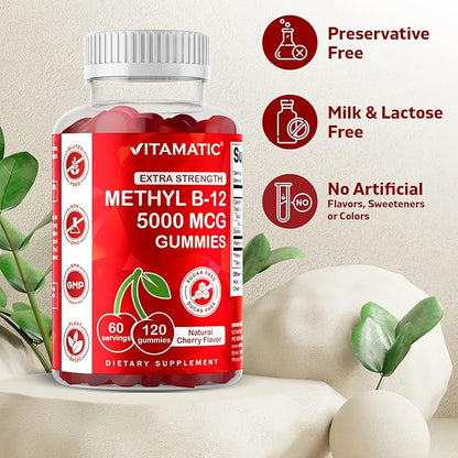 Vitamatic 2 Packs Extra Strength Vitamin B12 5000 mcg (Methyl B12) Gummies - 120 Count - Energy Metabolism Support and Nervous System Health Support, Natural Cherry Flavored