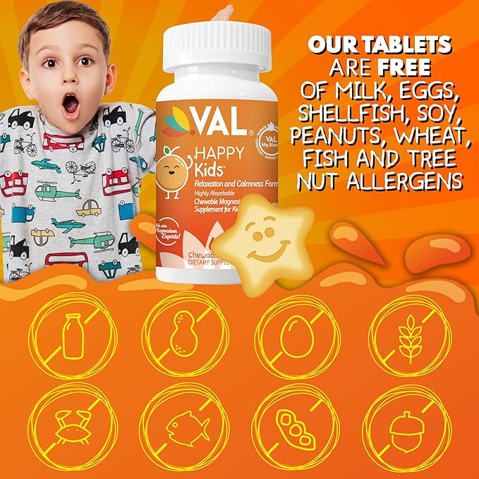 VAL Magnesium for Kids | High-Absorption Magnesium for Calm, Relaxation & Focus | Mg Glycinate, Citrate & Taurate | with Vitamin B6, D & C | Sugar-Free, Non-GMO | 60 Chewable Tablets