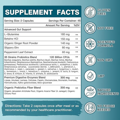 Probiotics for Women-Men Digestive Health with 120 Billion CFUs, Prebiotics and Probiotics for Women-Men, Digestive Enzymes, Nutrient Absorption, Immune Support, 90 Veggie Caps (45 Days Supply)