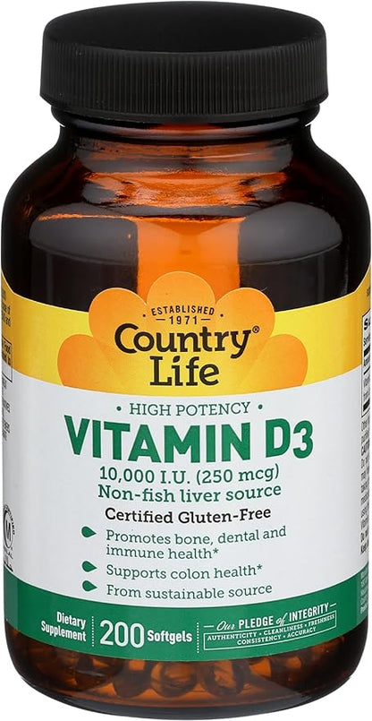 Country Life Vitamin D3, High Potency, Non-Fish, 10,000 IU, 200 Softgels, Certified Gluten Free
