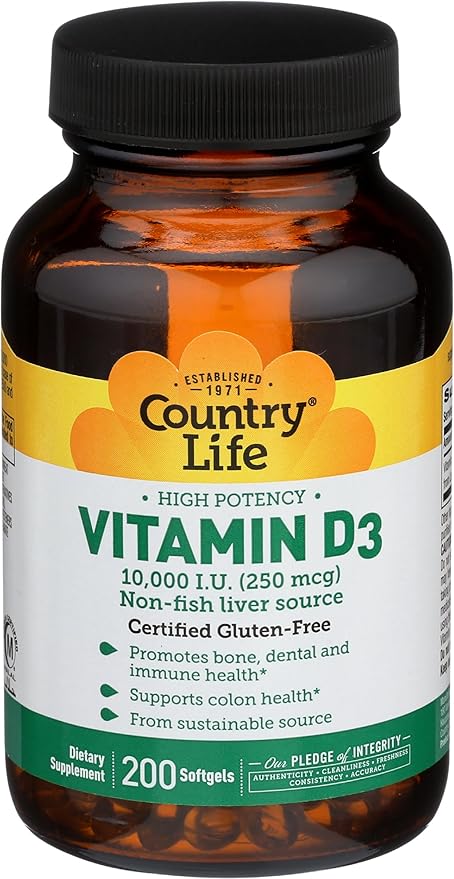 Country Life Vitamin D3, High Potency, Non-Fish, 10,000 IU, 200 Softgels, Certified Gluten Free