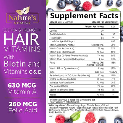 Hair Vitamins Gummies with Biotin 5000 mcg Vitamin E & C Support Hair Growth Gummy, Premium Vegetarian Non-GMO, for Stronger, Beautiful Hair, Skin & Nails, Biotin Gummies Supplement - 60 Gummy Bears