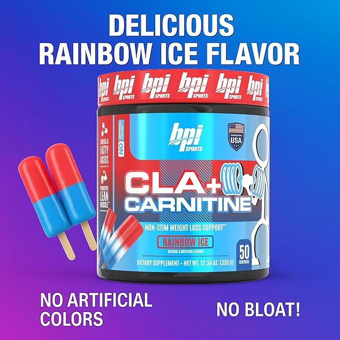 BPI Sports CLA + Carnitine – Conjugated Linoleic Acid – Performance, Lean Muscle – Caffeine Free – For Men & Women – Rainbow Ice – 50 servings – 12.34 Oz. (Packaging may vary)
