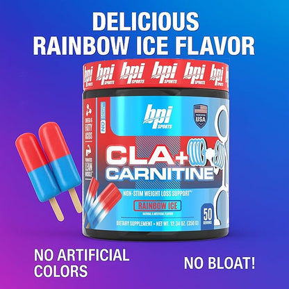 BPI Sports CLA + Carnitine – Conjugated Linoleic Acid – Performance, Lean Muscle – Caffeine Free – For Men & Women – Rainbow Ice – 50 servings – 12.34 Oz. (Packaging may vary)