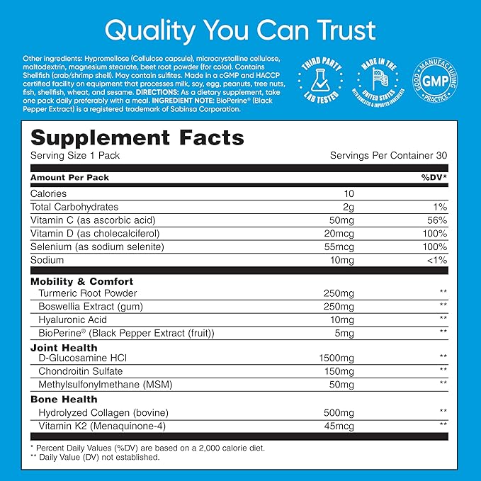 Mobility & Bone Support Daily Multivitamin - 12-in-1 Bone, Knee, Cartilage, Ligament, Joint Supplement for Women and Men, Collagen, Turmeric, Glucosamine Chondroitin MSM Capsules - 30 Vitamin Packs