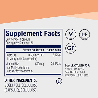 Vimergy 5-MTHF Capsules – 60 Servings (1 Capsule/Serving) 8500mcg L-Methylfolate Glucosamine and 500 mcg Vitamin B12 Supplement –Bioavailable Folate Supplement for Women and Men Vegan 5 mthf (60 ct)