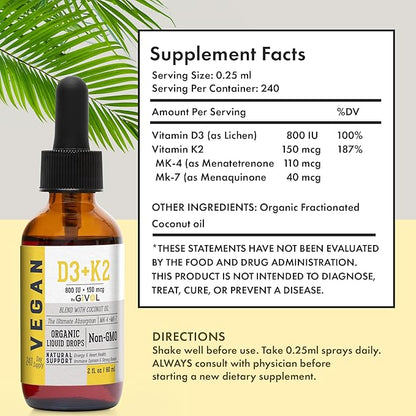 Vitamin D3+K2 Liquid Drops (MK4 & MK7) Organic Fractionated Coconut Oil and Vitamin C Extra Strength Spray Mist: Daily Absorption Liquid Extract, Essential Protein Support, Optimizes Wellness Benefits
