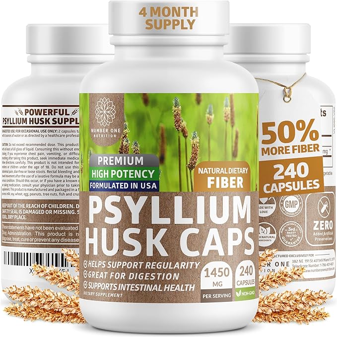 N1N Premium Psyllium Husk Capsules [All Natural,1450 MG] Powerful Soluble Fiber Supplement to Support Regularity and Digestive Health, 240 Caps