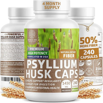 N1N Premium Psyllium Husk Capsules [All Natural,1450 MG] Powerful Soluble Fiber Supplement to Support Regularity and Digestive Health, 240 Caps