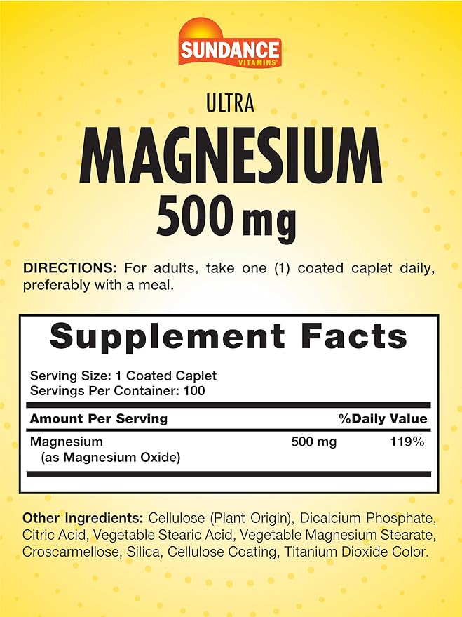 Sundance Magnesium Supplement | 500mg | Oxide | 100 Coated Caplets | Vegetarian, Non-GMO and Gluten Free