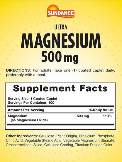 Sundance Magnesium Supplement | 500mg | Oxide | 100 Coated Caplets | Vegetarian, Non-GMO and Gluten Free