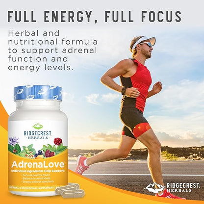Ridgecrest Herbals AdrenaLove, Stress and Energy Support Supplement with Ashwagandha, L-Theanine, Ginseng, Schisandra, Taurine, Holy Basil, Adaptogens, B Vitamins (60 Vegan Caps, 30 Serv)