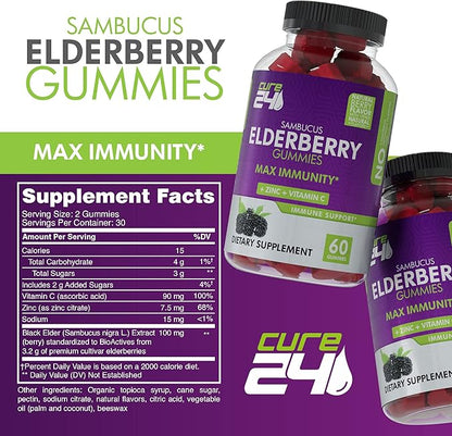 Sambucus Elderberry Gummies + Vitamin C + Zinc for Kids & Adults, X3 Immune Support, Natural Flavors + Ingredients, Vegan, Non-GMO, Made in USA (60)