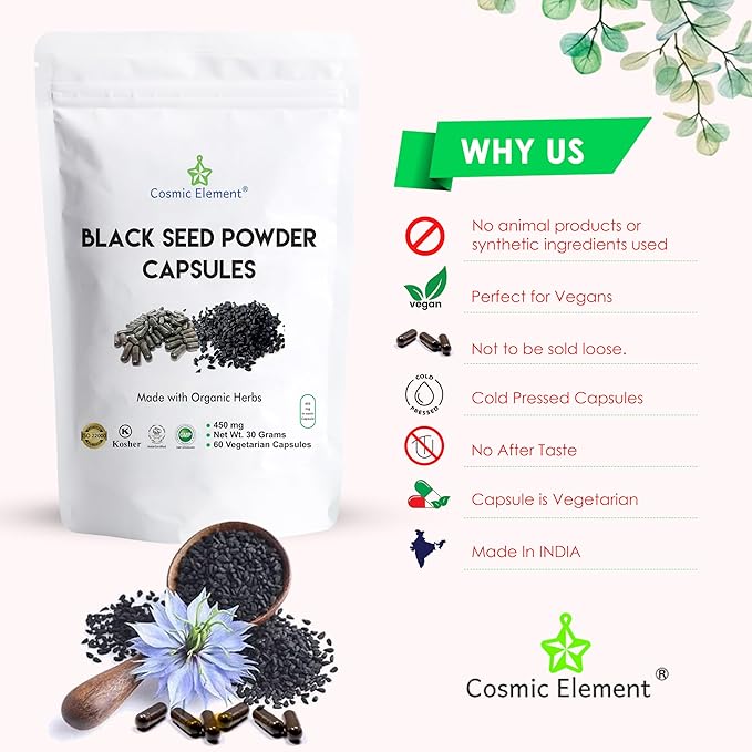 100% Pure Black Seed Powder Capsules Organic - Vegan Nigella Sativa 450mg Black Cumin Seeds per Serving- for Health - 60 Capsules