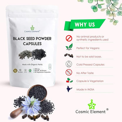 100% Pure Black Seed Powder Capsules Organic - Vegan Nigella Sativa 450mg Black Cumin Seeds per Serving- for Health - 60 Capsules