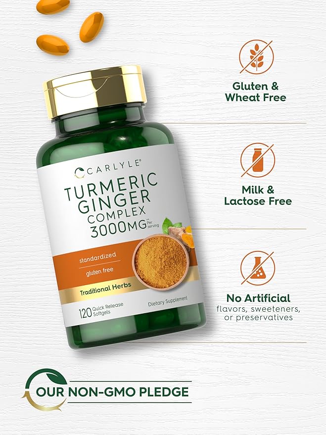 Carlyle Turmeric and Ginger Supplement 3000 mg | 120 Softgel Capsules | Turmeric Curcumin Complex | with Black Pepper Extract | Non-GMO, Gluten Free